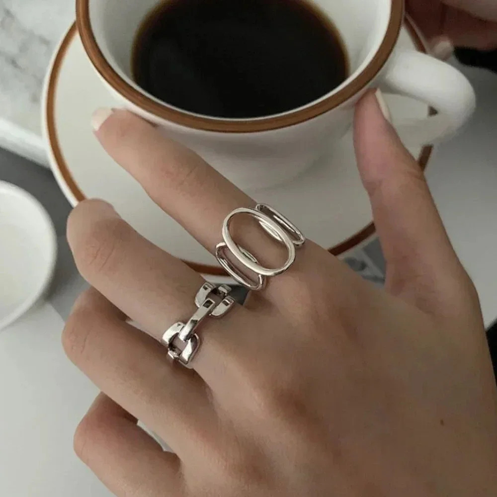 925 Sterling Silver Oval Link Ring Minimalist Silver Geometric Statement Ring - Picture 3 of 8